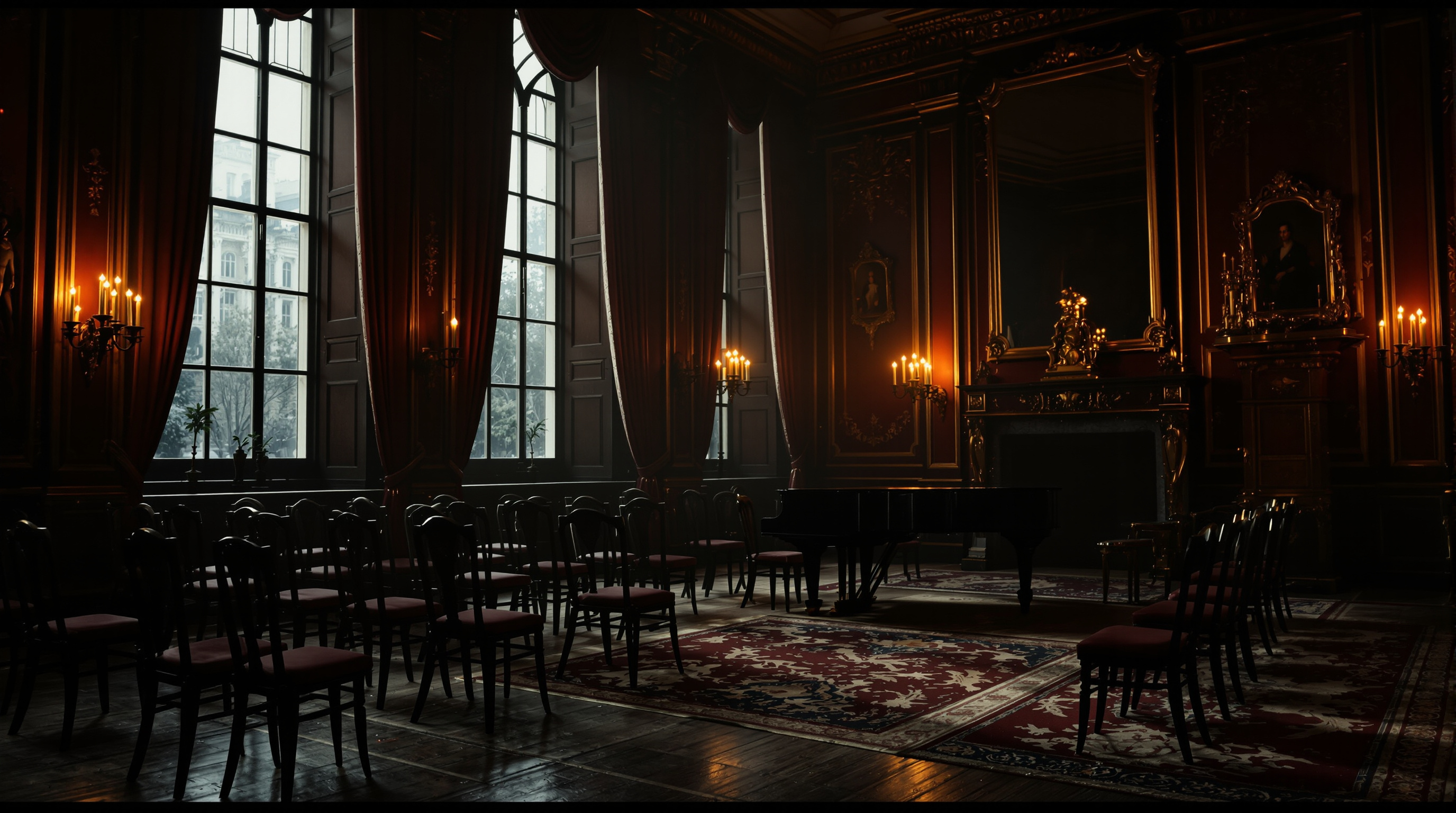 A candlelit nineteenth-century salon set for a chamber concert