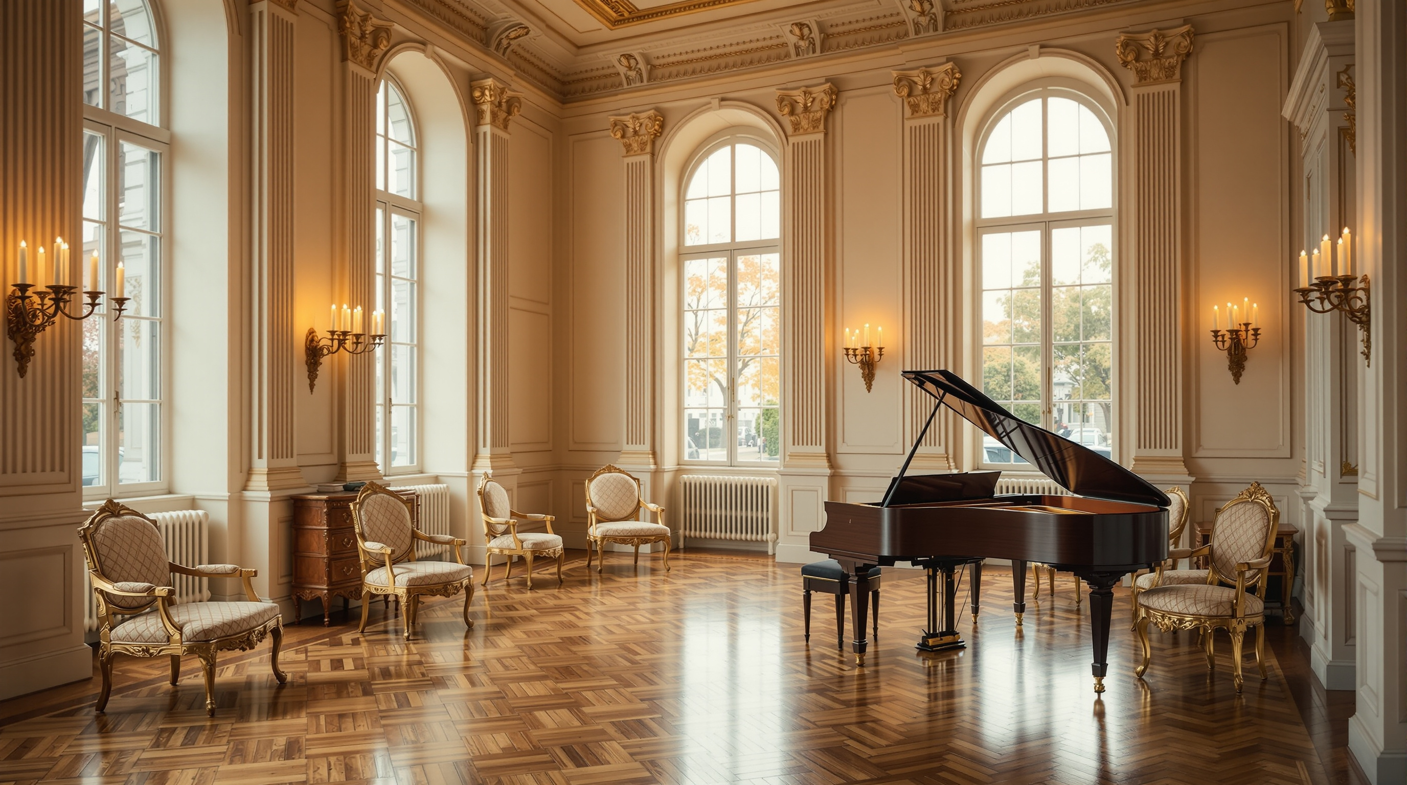An elegant eighteenth-century music room with a fortepiano
