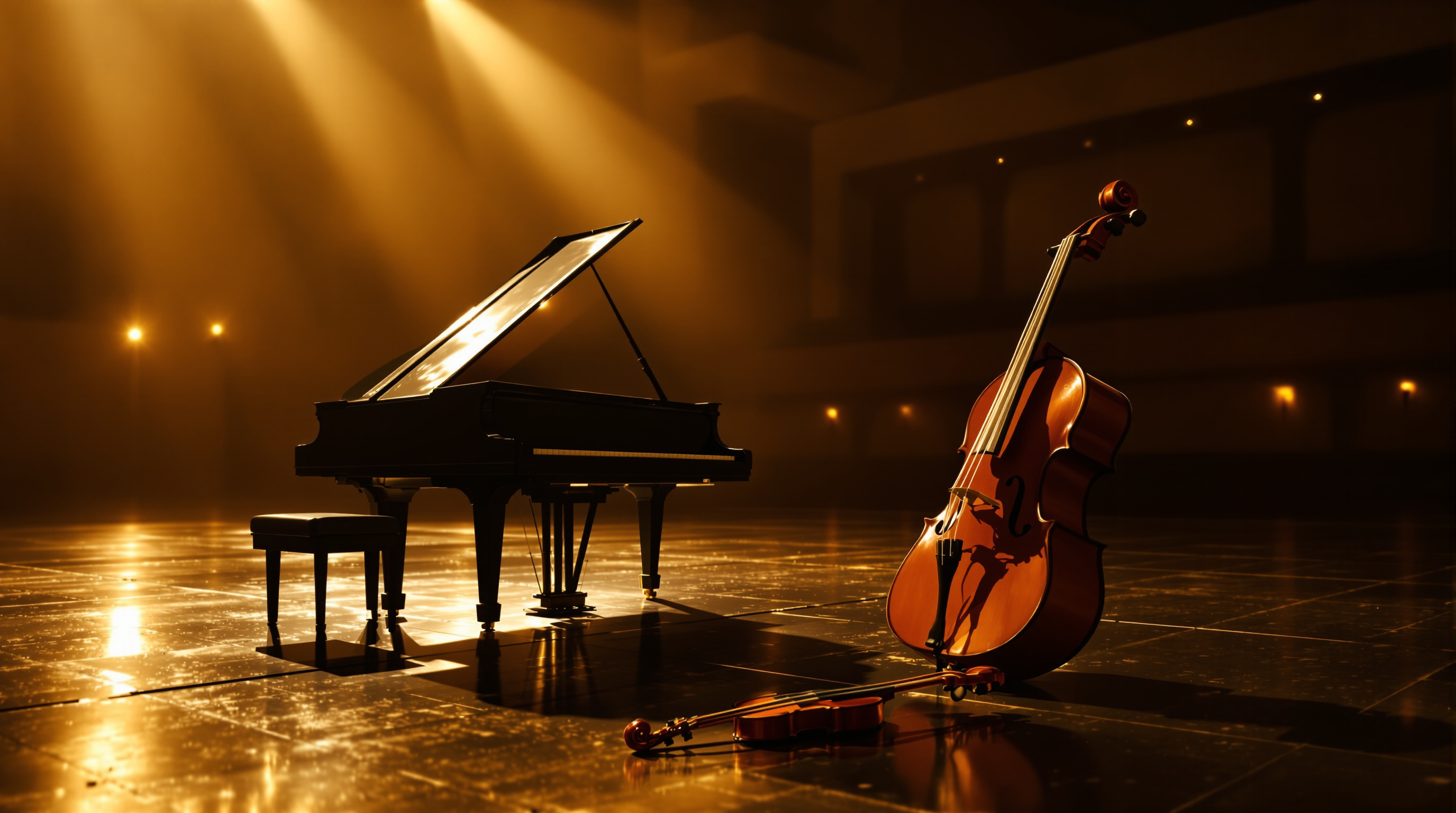 A piano, violin and cello on an empty warmly-lit concert stage