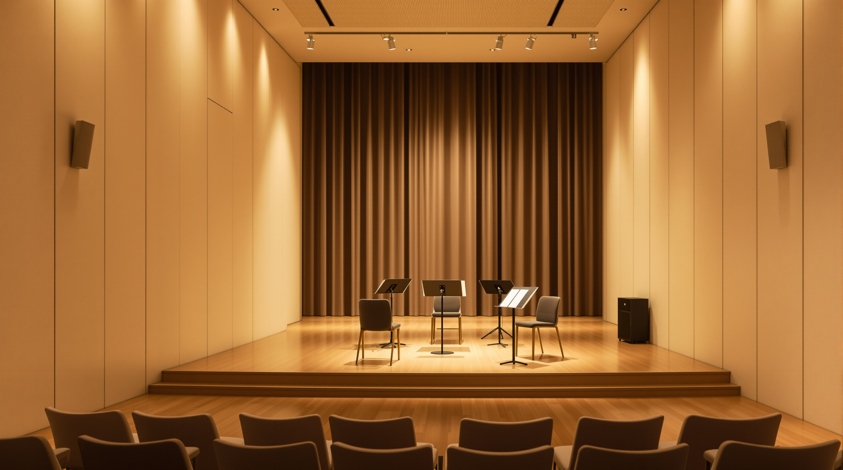 An intimate recital room with three chairs and stands on a small stage