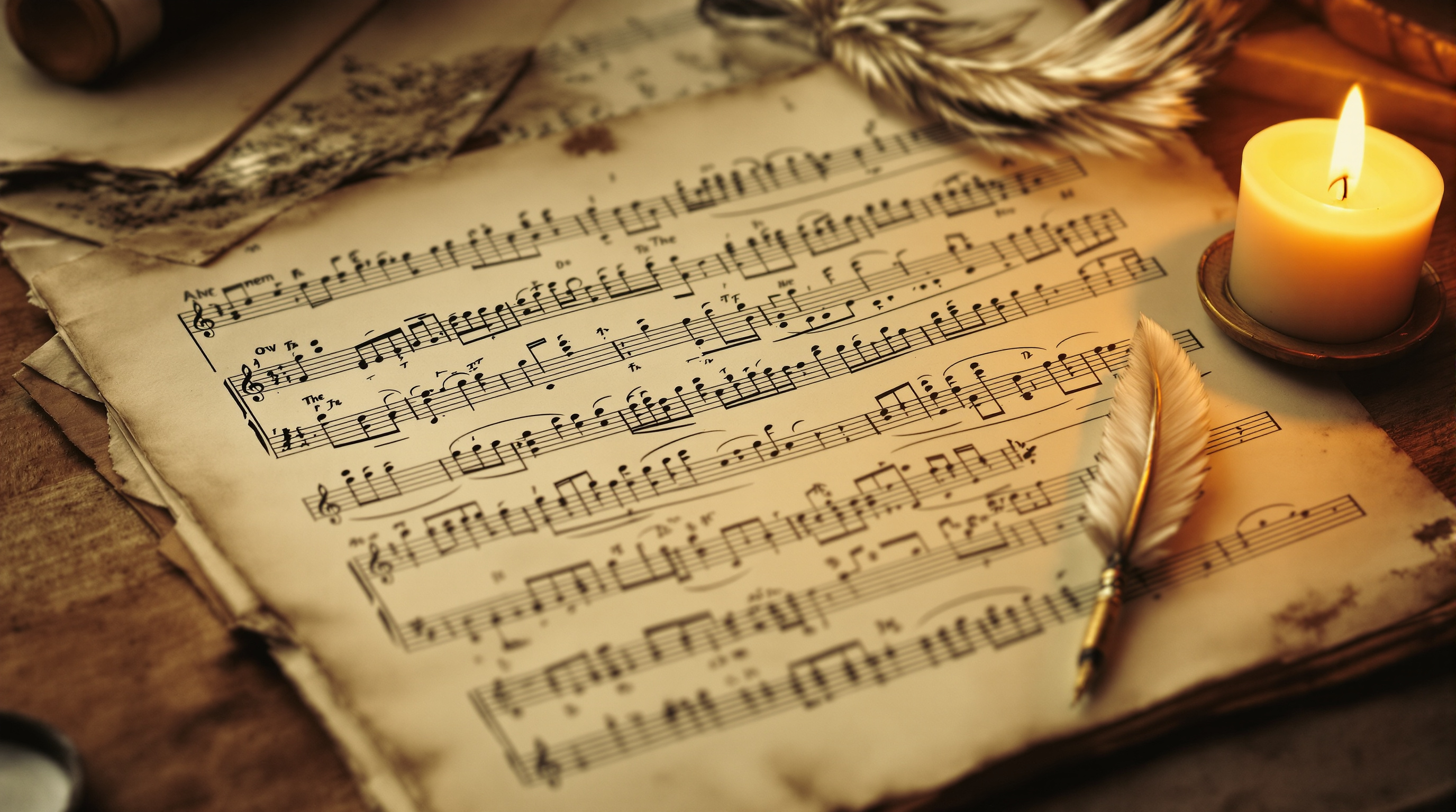 An antique handwritten music manuscript by candlelight