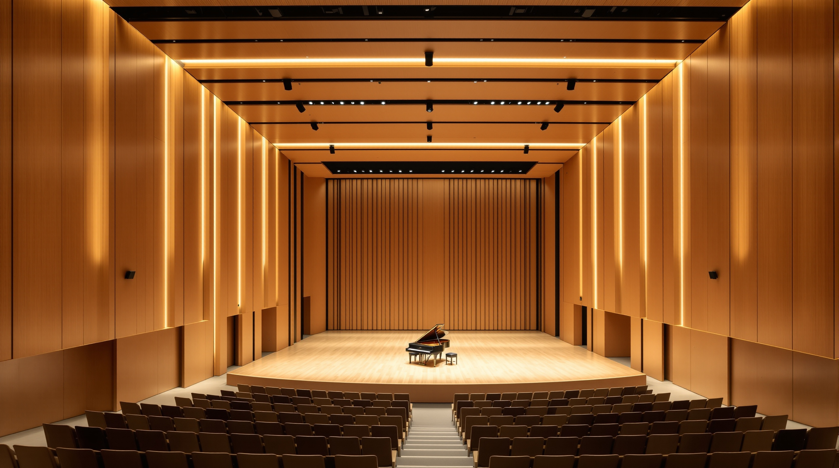 A modern concert hall with a single grand piano centre stage
