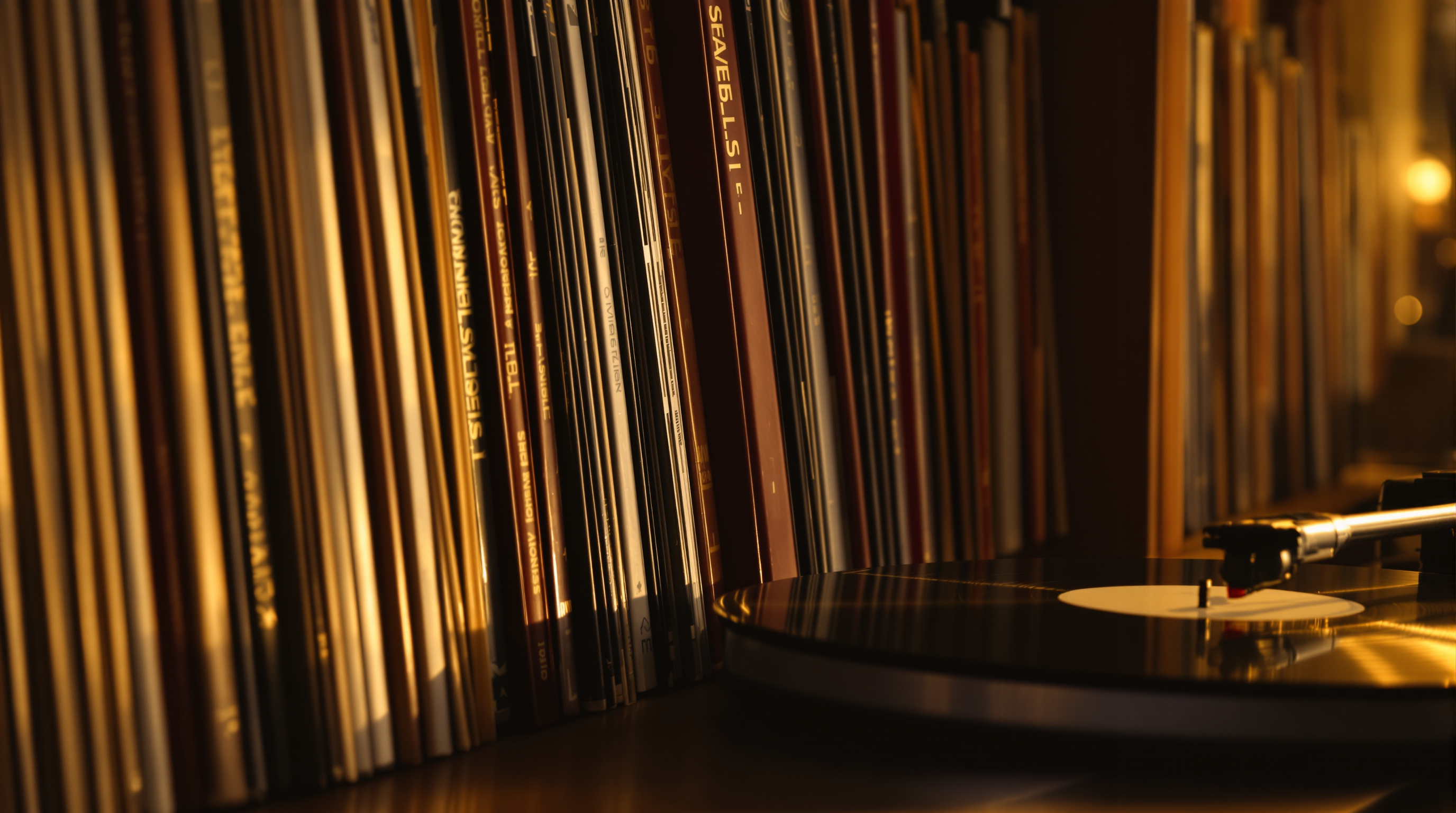 A shelf of vintage classical vinyl records beside a turntable