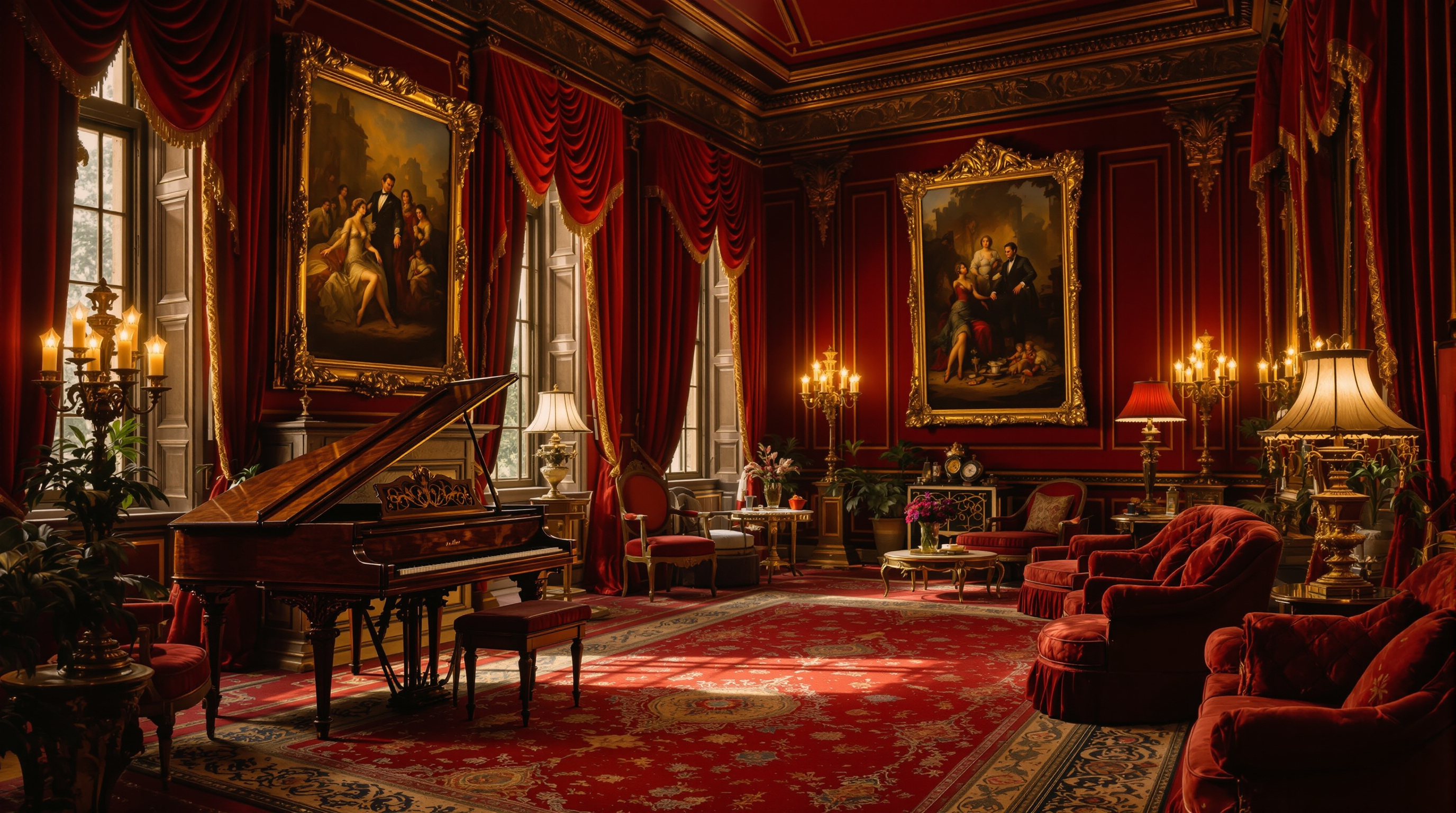 A lavish nineteenth-century parlor with a rosewood grand piano