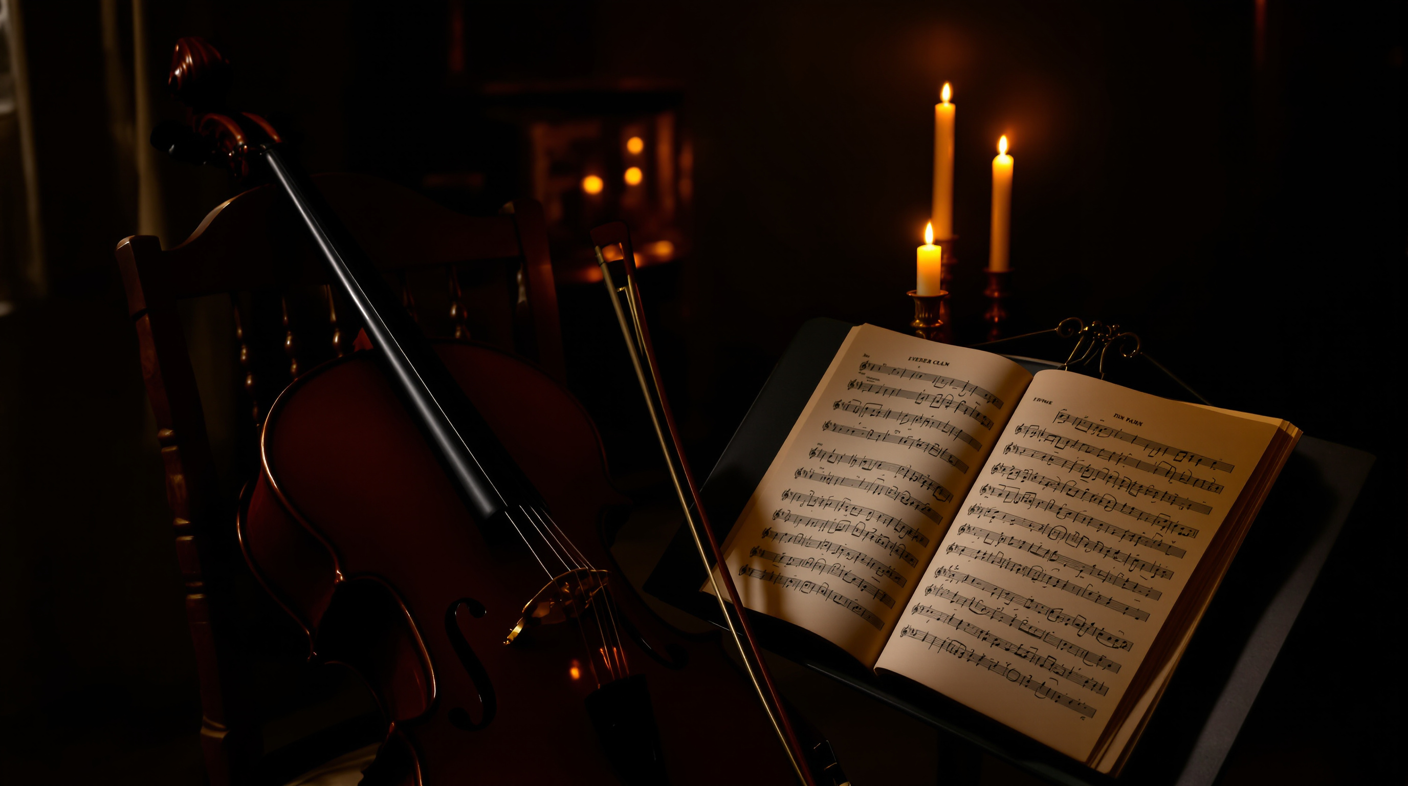 A cello and candlelit music stand in an intimate room
