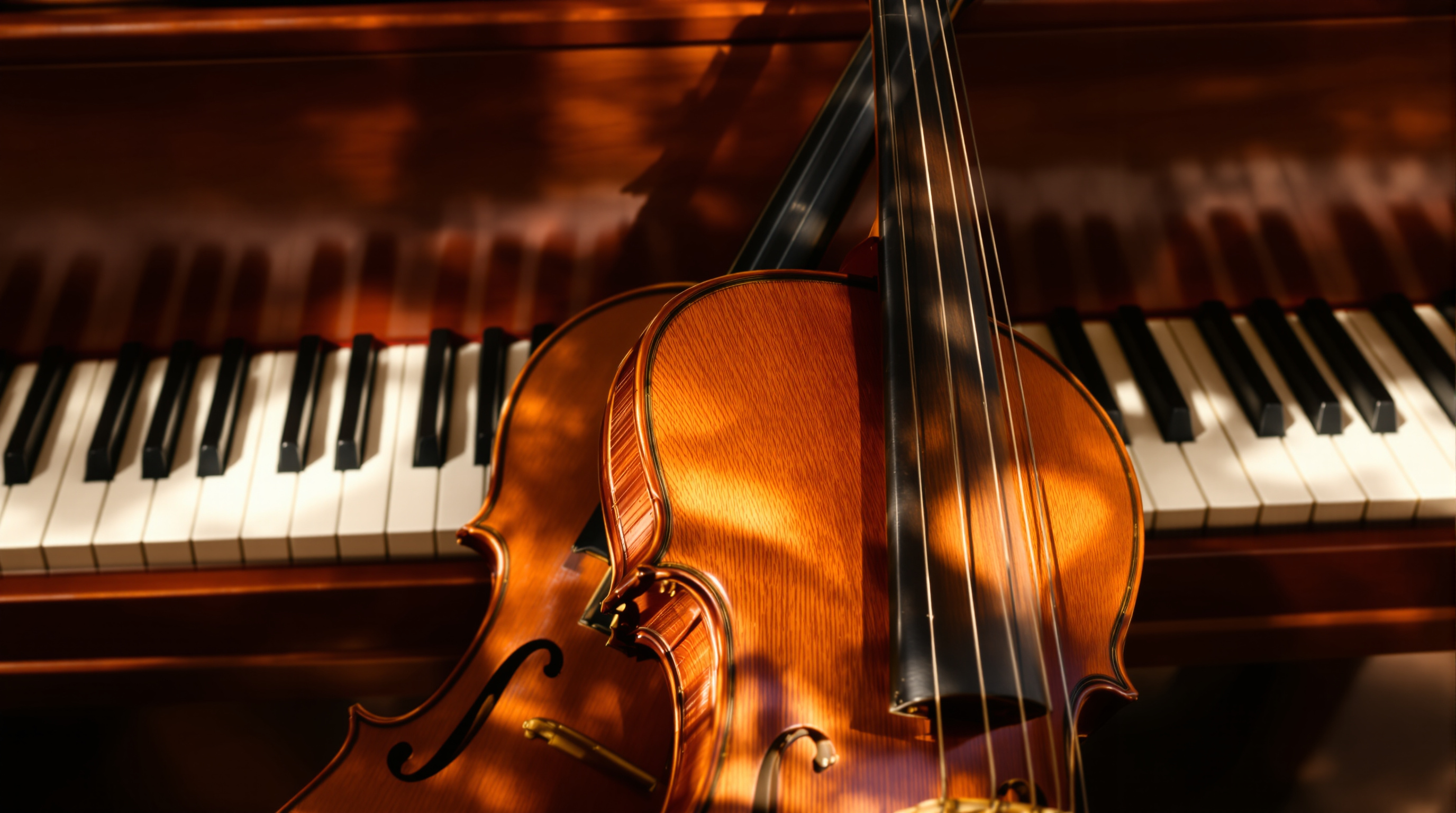 A violin and cello resting against an open grand piano keyboard